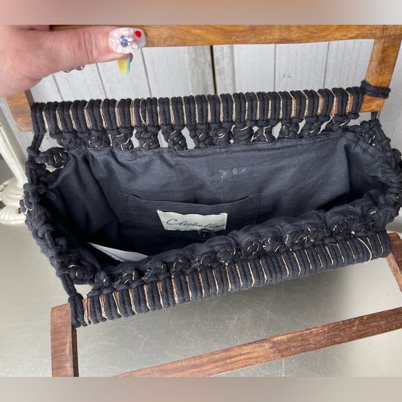 New! CLEOBELLA Wooden Handles Cotton Crochet Macrame Tote Top Handle Bag Black - Picture 5 of 8